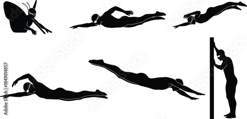 Swimmer silhouette icon set, black swim poses, vector swimming graphics, butterfly and freestyle illustrations, dynamic water sport design pack