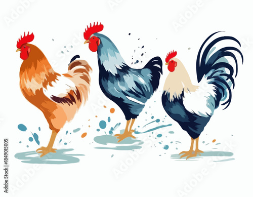 rooster; chicken; hen in illustration in brush stroke painting,