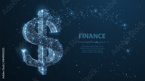 Dollar sign. Low poly wireframe mesh with crumbled edge. Currency, banking, finance symbol. Concept illustration or background.

