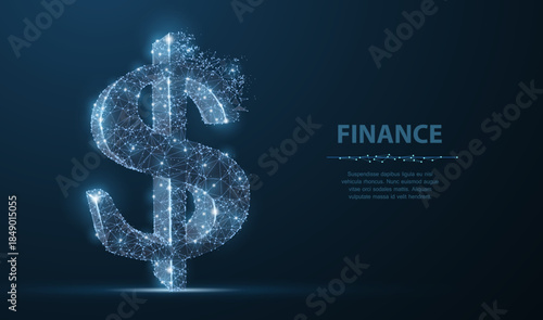 Dollar sign. Low poly wireframe mesh with crumbled edge. Currency, banking, finance symbol. Concept illustration or background.

