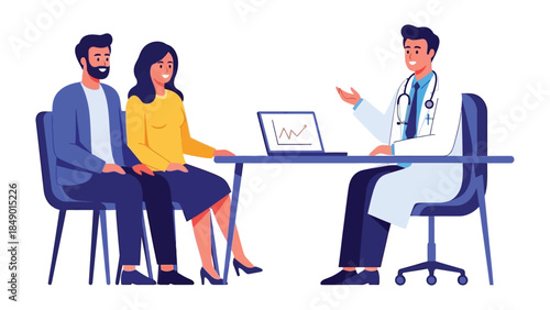 Consultation: A couple seeks advice from a doctor, discussing their health and well-being. The scene conveys trust, support, and the pursuit of medical guidance.
