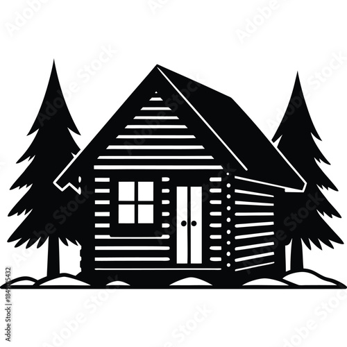 Wooden house illustration in the woods with roof window and door design icon
