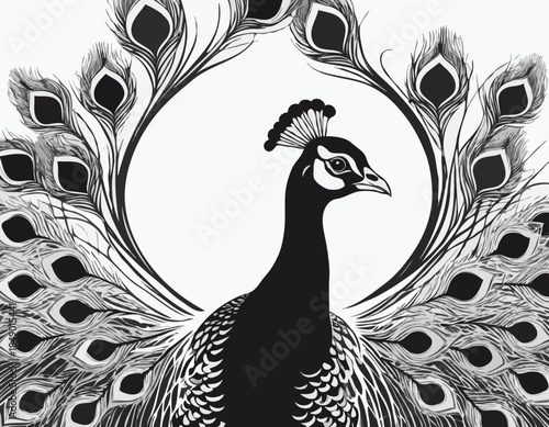 Peacock in black and white animal illustration