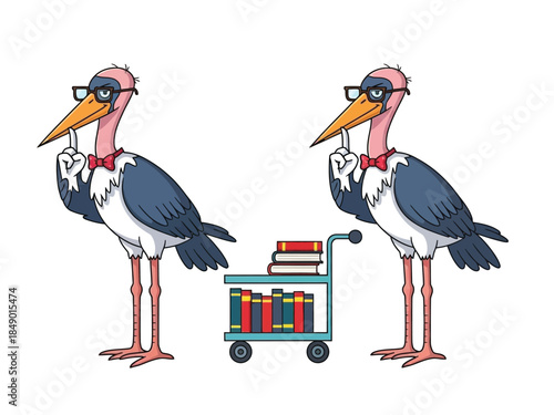 Two intelligent cartoon storks wearing glasses and bow ties, contemplating books on a cart, on a white background.
