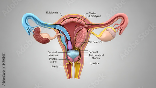 Detailed anatomical illustration of the human male reproductive and urinary systems