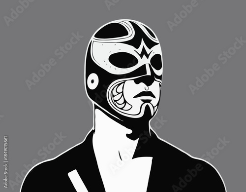 Illustration of a Luchador Wrestler in a Mask: A Black and White