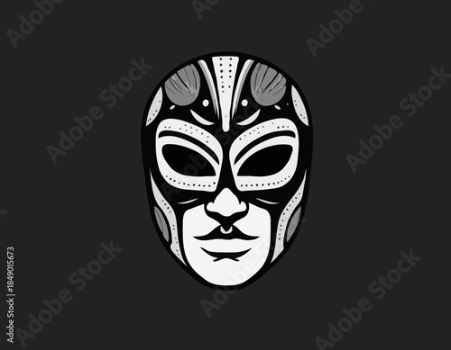 Illustration of a Luchador Wrestler in a Mask: A Black and White