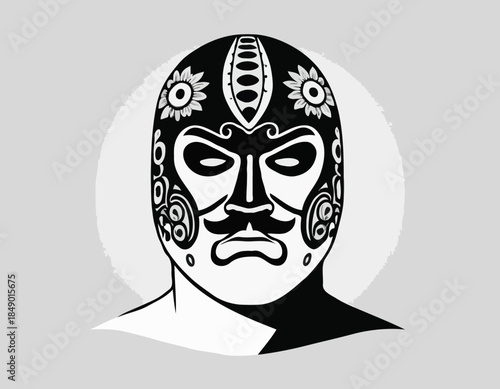 Illustration of a Luchador Wrestler in a Mask: A Black and White