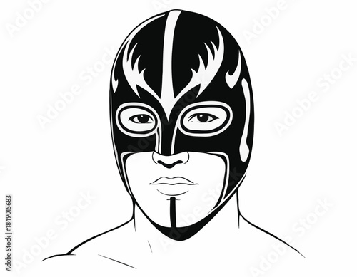 Illustration of a Luchador Wrestler in a Mask: A Black and White