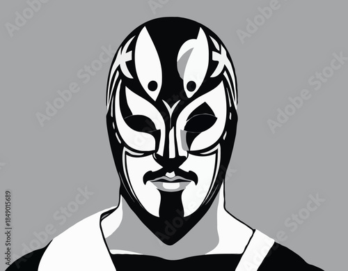 Illustration of a Luchador Wrestler in a Mask: A Black and White
