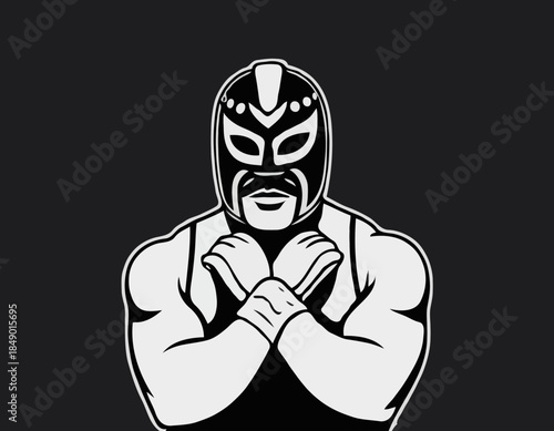 Illustration of a Luchador Wrestler in a Mask: A Black and White