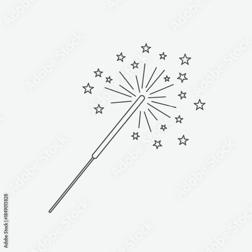 A simple line art drawing of a lit sparkler with radiating sparks and stars.