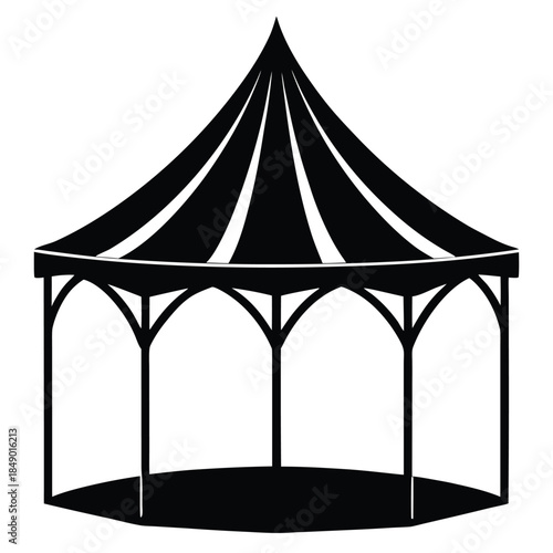 A colorful vector illustration of a big red and white circus tent under a blue sky for a fun carnival event