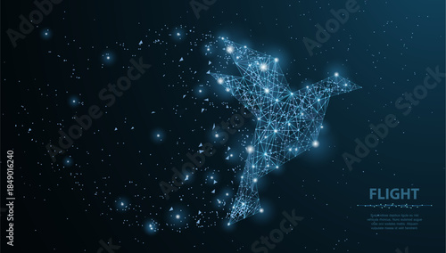 Abstract origami paper bird. Polygonal wireframe mesh looks like constellation on dark blue night sky with dots and stars. Asia, japan art, origami, peace concept illustration or background

