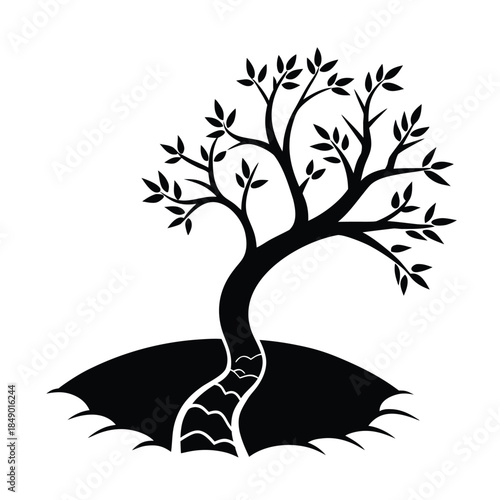 Silhouette vector illustration of a tree with branches and visible roots representing nature and growth