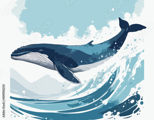 Whale in illustration in brush stroke painting