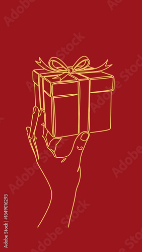 Hand holding a golden gift box with bow on a red background, elegant line art illustration