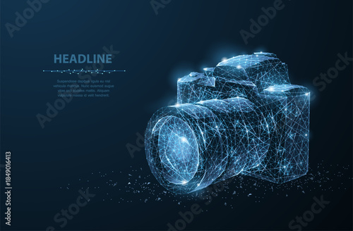Camera. Abstract 3d polygonal wireframe modern professional camera isolated on blue. Photo art, video equipment, digital photographing concept vector illustration or background


