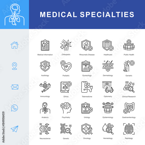 A Medical Specialties icon set covering key fields such as pediatrics, dermatology, oncology, radiology, neuroscience, genetics, immunology, and clinical research for comprehensive healthcare.