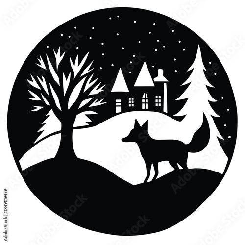 A black cat silhouette sits on a rooftop under the moonlit night sky