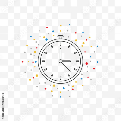 A line art icon of a clock or stopwatch with colorful dots on a transparent background, representing time.