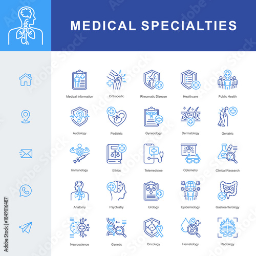 A Medical Specialties icon set covering key fields such as pediatrics, dermatology, oncology, radiology, neuroscience, genetics, immunology, and clinical research for comprehensive healthcare.