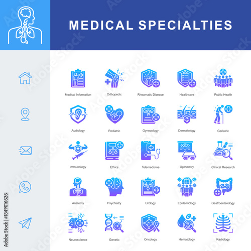 A Medical Specialties icon set covering key fields such as pediatrics, dermatology, oncology, radiology, neuroscience, genetics, immunology, and clinical research for comprehensive healthcare.