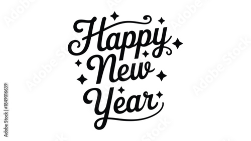 happy new year hand lettering typography illustration with decorative stars, black and white festive design for holiday greeting cards, posters, social media and seasonal branding 