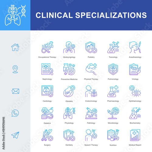 A Clinical Specializations icon set featuring key medical fields such as cardiology, surgery, pathology, pulmonology, endocrinology, physical therapy, toxicology, microbiology, and nutrition.