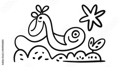 Whimsical Illustration: A joyful illustration presents a creature's adorable line art with a delightful smile. Its charming form is accompanied by a shining star and a sprout.