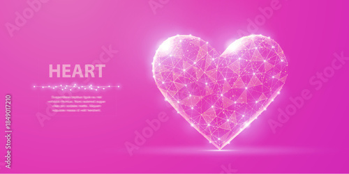 Heart. Abstract polygonal heart isolate on pink background with dots and stars. Valentine day, wedding celebration, heart health, happy romantic, medical care, love Concept illustration


