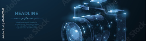 Camera. Abstract 3d polygonal wireframe modern professional camera isolated on blue. Photo art, video equipment, digital photographing concept vector illustration or background

