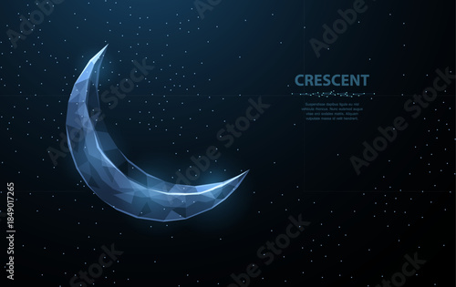 Vector crescent moon. Abstract polygonal wireframe moon illustration on dark blue night sky background with stars of universe space. Night symbol. Arabic, islamic, muslim, ramadan design

