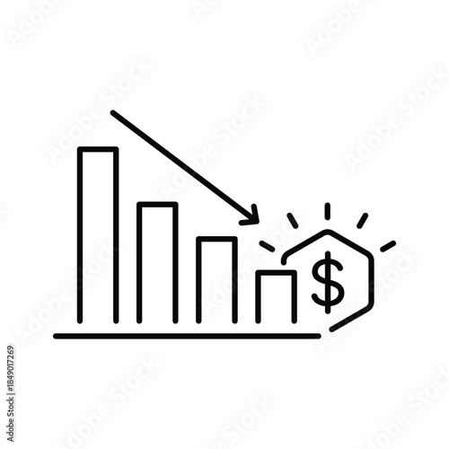Graph down, reduce progress line icon. Simple outline style efficiency decrease graphic, finance chart, abstract graph, trend vector illustration. Arrow below, bankrupt. Editable stroke EPS 10