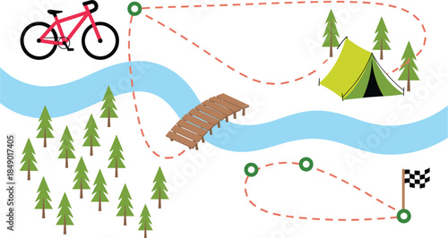 Cartoon bicycle route map with tent bridge and checkered flag bike path