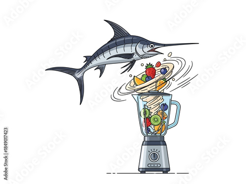 A swordfish leaps out of a blender filled with colorful fruits, creating a swirling smoothie, in a whimsical illustration.