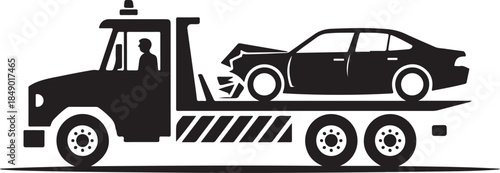 Black and white line of a tow truck carrying a damaged car line black and white silhouette