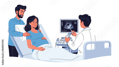 Prenatal Insight: A pregnant woman lies on a bed, and is being checked with the guidance of the obstetrician, as her partner stands beside her, his hand lovingly resting on her shoulder.