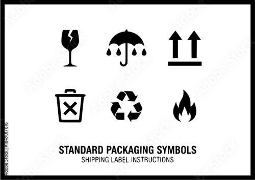 Standard packaging symbols guide for shipping label instructions featuring fragile items and handling icons
