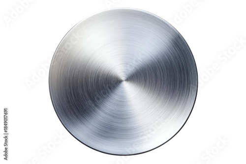 Brushed metal disc with radial texture isolated on transparent background. Metal plate isolated on white background.
