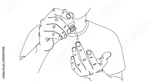 Man applying cuticle oil to fingers while wearing a t-shirt  