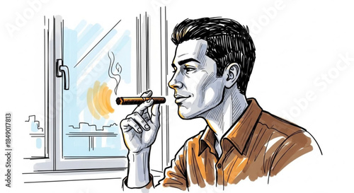 Man smoking cigar while looking out the window in a relaxed manner  