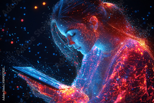 Side profile of a young woman surrounded by glowing neon particles while using a tablet, symbolizing technology, data networks, digital innovation and virtual connection.
