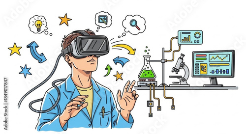Man using VR headset and interacting with lab equipment  