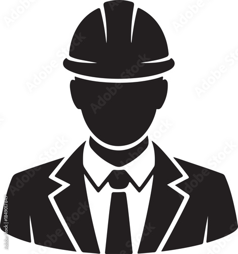 Black and white silhouette of a person wearing a helmet and a suit