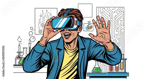 Man wearing VR headset in lab and interacting with virtual space  