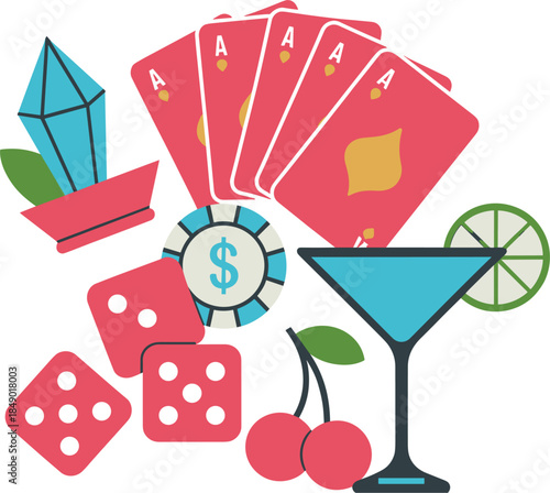 Casino Night Theme with Playing Cards, Dice, and Cocktail gambling game