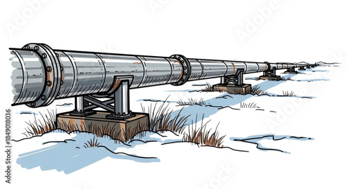 Metal oil pipeline running through snowy field with grass  