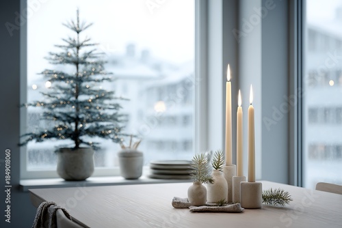 Cozy Christmas Decor with Candles and Small Tree by Window.
