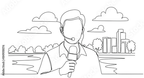 Reporter holding microphone and speaking outdoors with city backdrop  